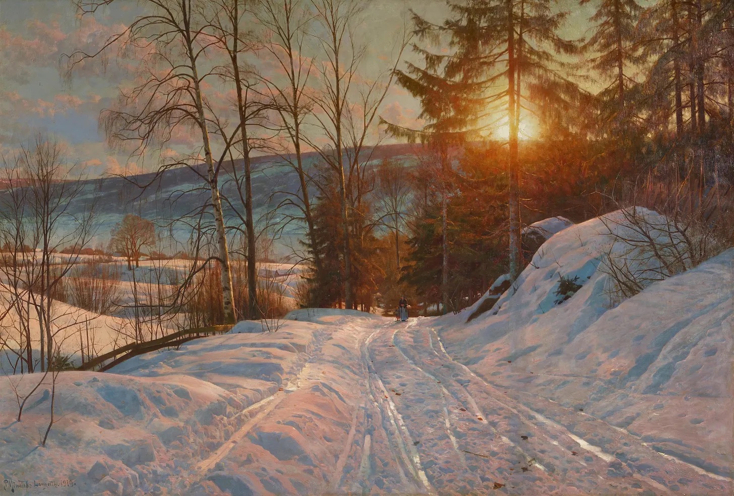 A painted winter landscape of a snow-covered road descending through trees at sunset.